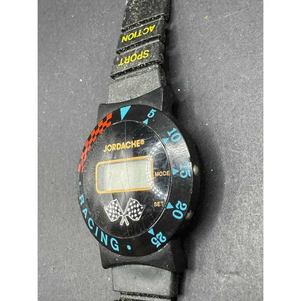 Vintage Rare Jordache Sport Racing Checkered Flag Bezel Digital Watch Black Band